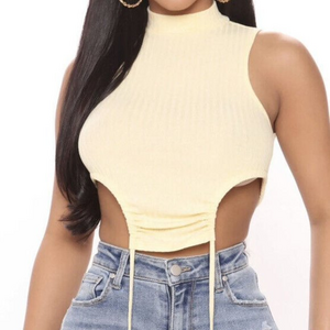 Sleeveless‎ Mock Neck Two Sided Ribbed Yellow Tank Top Size Small